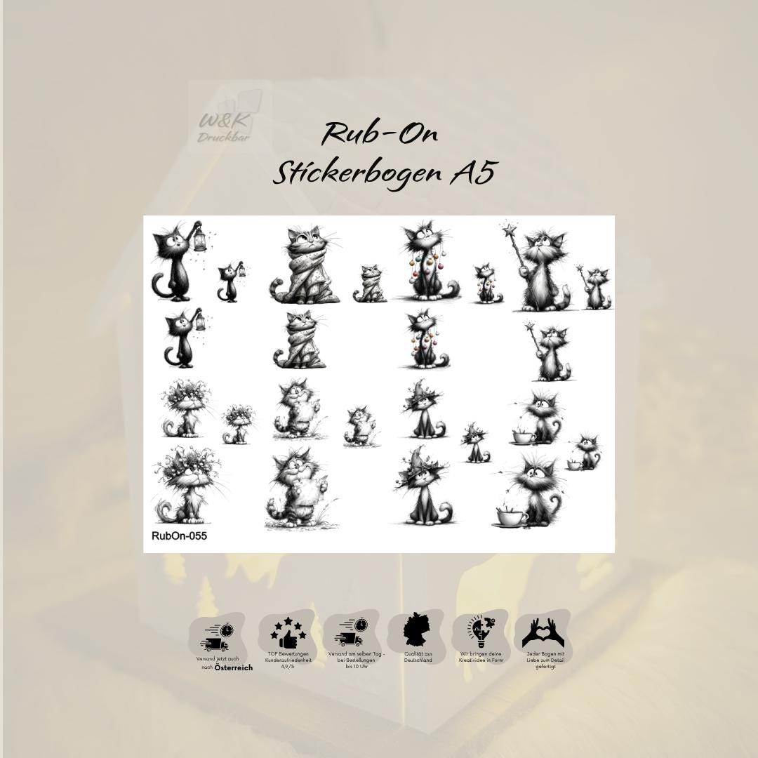 RubOn Sticker / Katzen Bleistiftzeichnung #2 / A5 Bogen / Randlos / Abreibebilder / DIY Sticker für z.B. Glas Holz