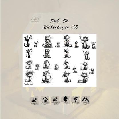 RubOn Sticker / Katzen Bleistiftzeichnung #2 / A5 Bogen / Randlos / Abreibebilder / DIY Sticker für z.B. Glas Holz