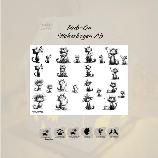 RubOn Sticker / Katzen Bleistiftzeichnung #2 / A5 Bogen / Randlos / Abreibebilder / DIY Sticker für z.B. Glas Holz