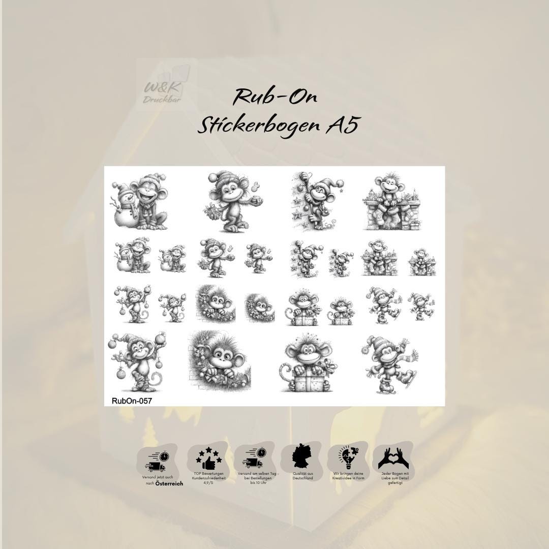 RubOn Sticker / Affen Bleistiftzeichnung #2 / A5 Bogen / Randlos / Abreibebilder / DIY Sticker für z.B. Glas Holz
