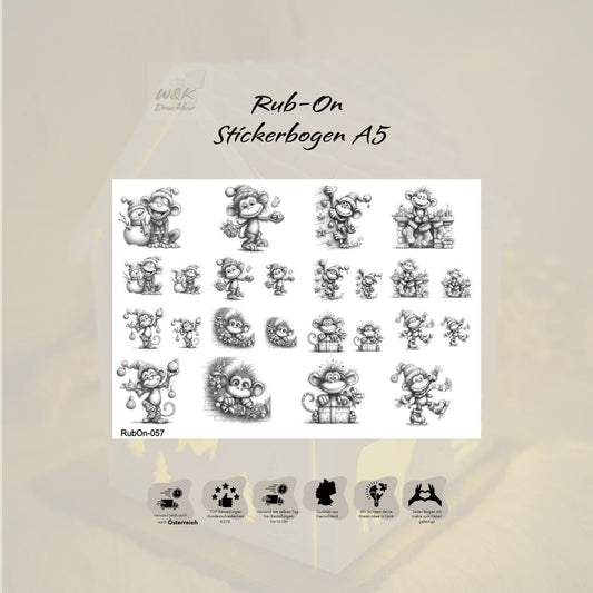 RubOn Sticker / Affen Bleistiftzeichnung #2 / A5 Bogen / Randlos / Abreibebilder / DIY Sticker für z.B. Glas Holz