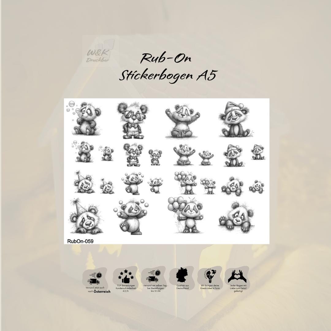 RubOn Sticker / Panda Bleistiftzeichnung #2 / A5 Bogen / Randlos / Abreibebilder / DIY Sticker für z.B. Glas Holz