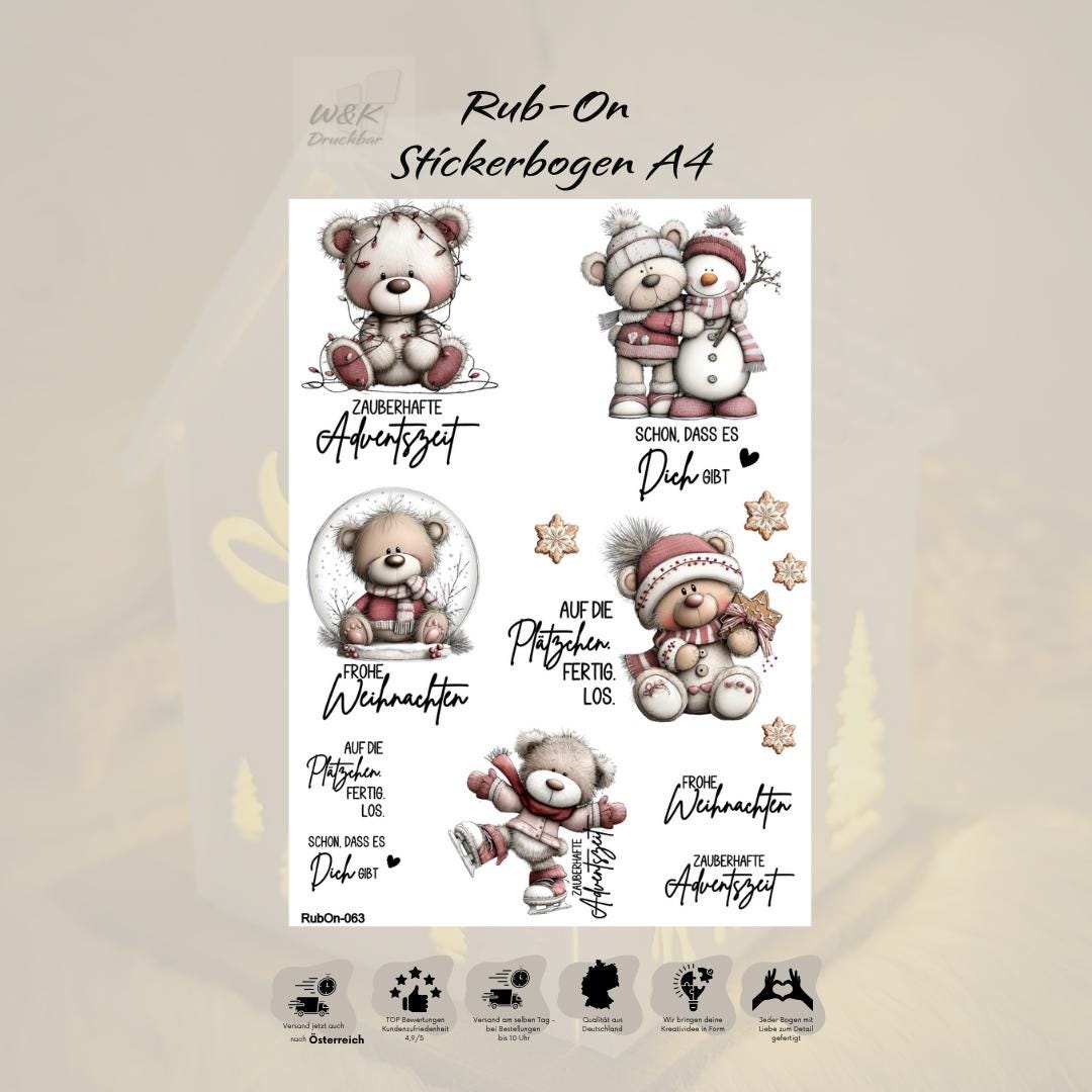 RubOn Sticker / Winterzeit / A4 Bogen / Randlos /Abreibebilder / DIY Sticker für z.B. Glas Holz