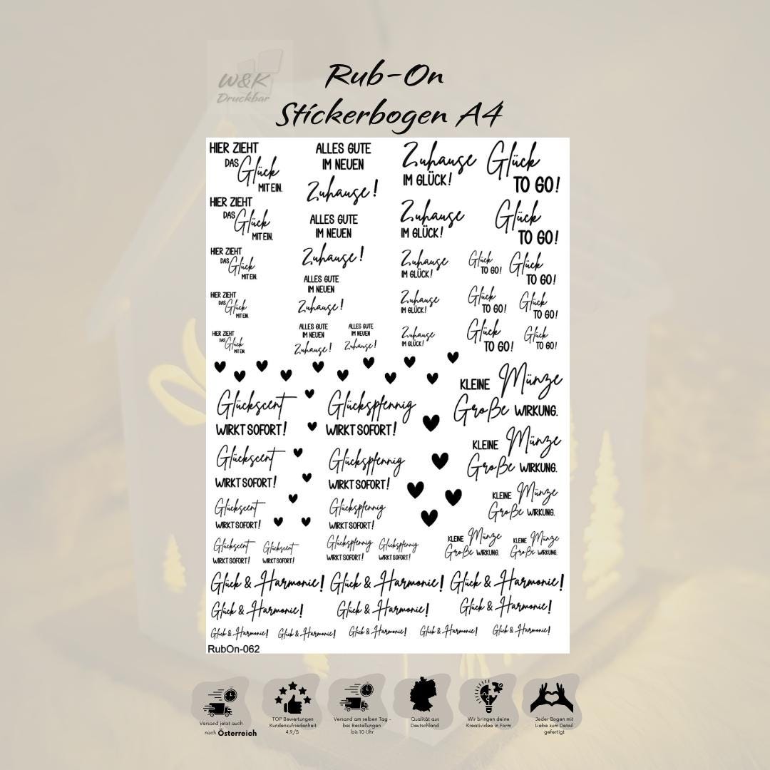 RubOn Sticker / Glück / A4 Bogen / Randlos /Abreibebilder / DIY Sticker für z.B. Glas Holz