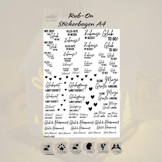 RubOn Sticker / Glück / A4 Bogen / Randlos /Abreibebilder / DIY Sticker für z.B. Glas Holz