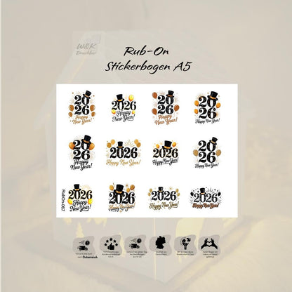 RubOn Sticker / 2026 / A5 Bogen / Randlos / Abreibebilder / DIY Sticker für z.B. Glas Holz