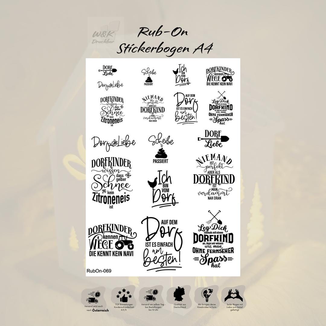 RubOn Sticker / Dorfkind / A4 Bogen / Randlos /Abreibebilder / DIY Sticker für z.B. Glas Holz