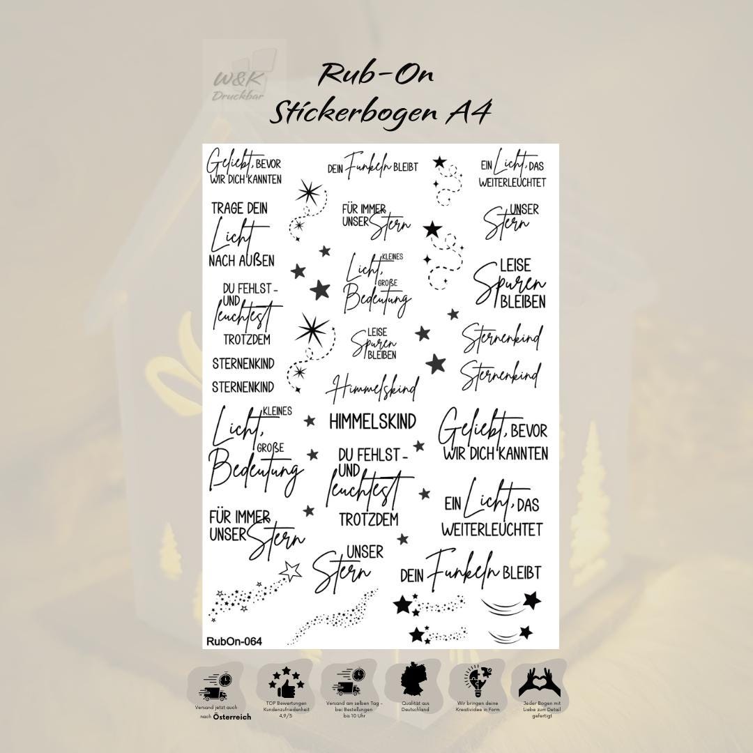 RubOn Sticker / Sternenkind / Trauer / A4 Bogen / Randlos /Abreibebilder / DIY Sticker für z.B. Glas Holz