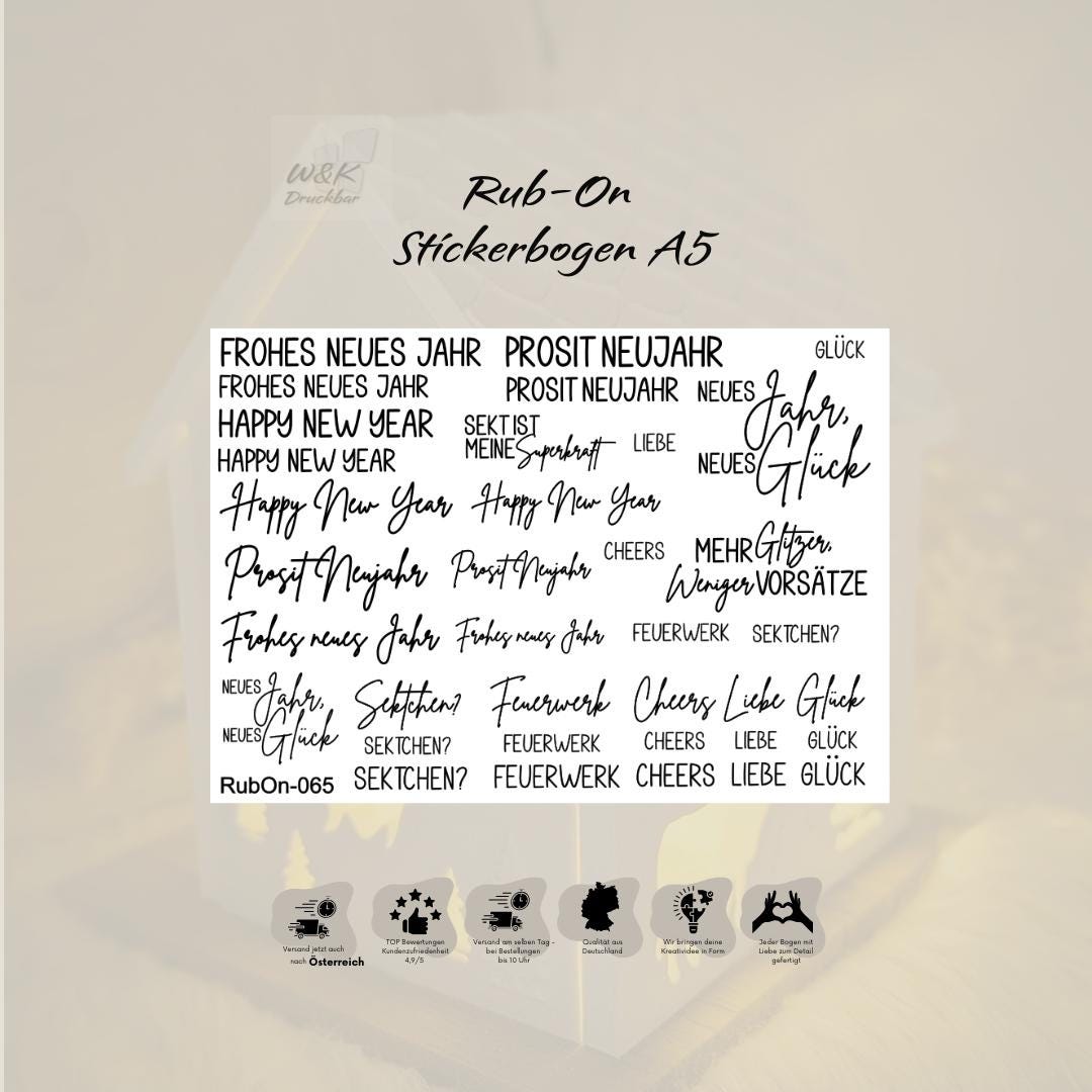 RubOn Sticker / Silvester / A5 Bogen / Randlos / Abreibebilder / DIY Sticker für z.B. Glas Holz