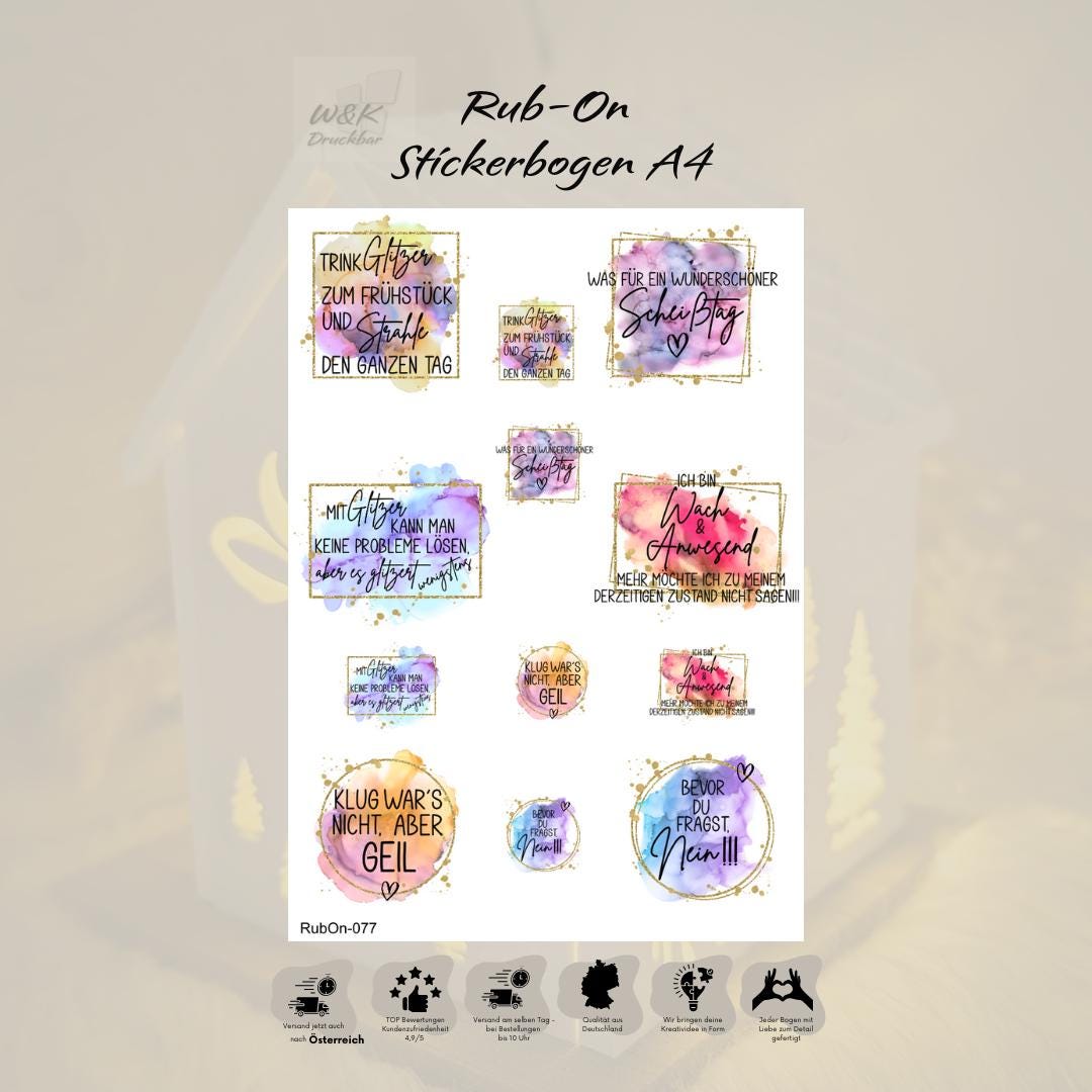 RubOn Sticker / Sprüche Humor / A4 Bogen / Randlos /Abreibebilder / DIY Sticker für z.B. Glas Holz