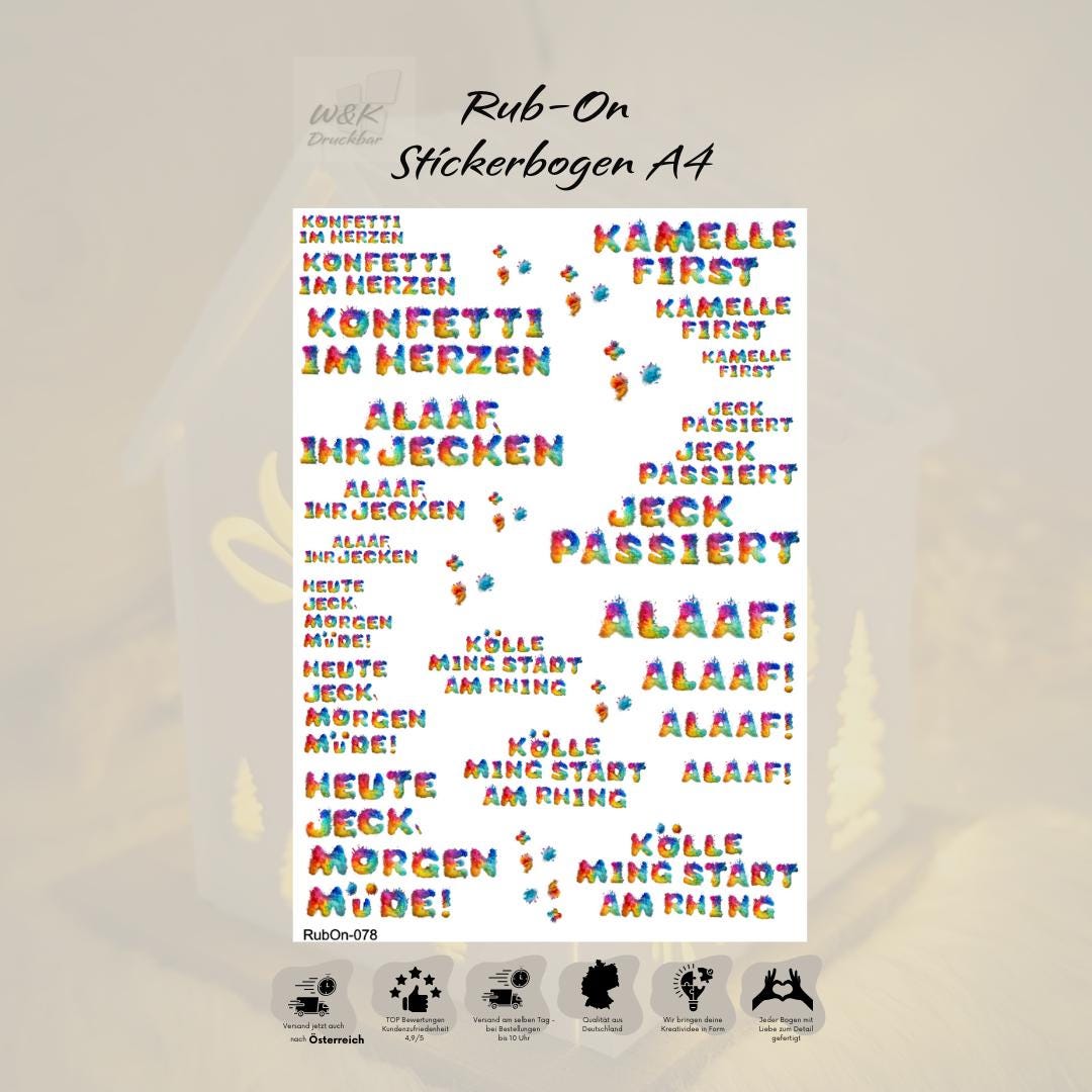 RubOn Sticker / Alaaf / A4 Bogen / Randlos /Abreibebilder / DIY Sticker für z.B. Glas Holz