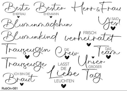 RubOn Sticker / Hochzeit / A5 Bogen / Randlos / Abreibebilder / DIY Sticker für z.B. Glas Holz