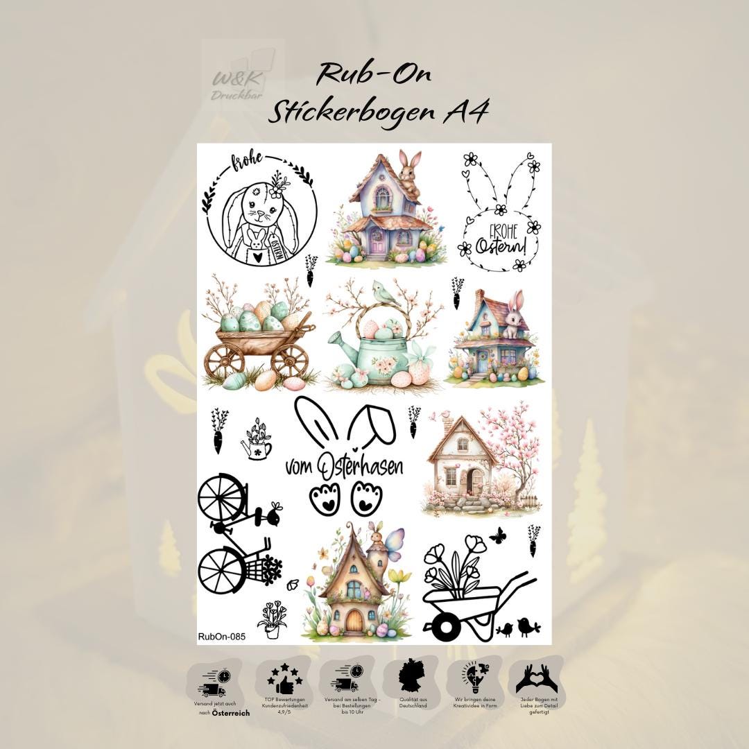 RubOn Sticker / Ostern #8 / A4 Bogen / Randlos /Abreibebilder / DIY Sticker für z.B. Glas Holz