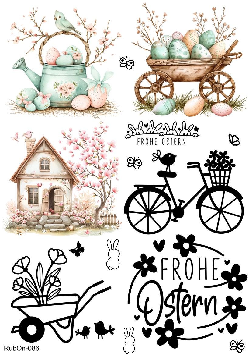 RubOn Sticker / Ostern #9 / A4 Bogen / Randlos /Abreibebilder / DIY Sticker für z.B. Glas Holz