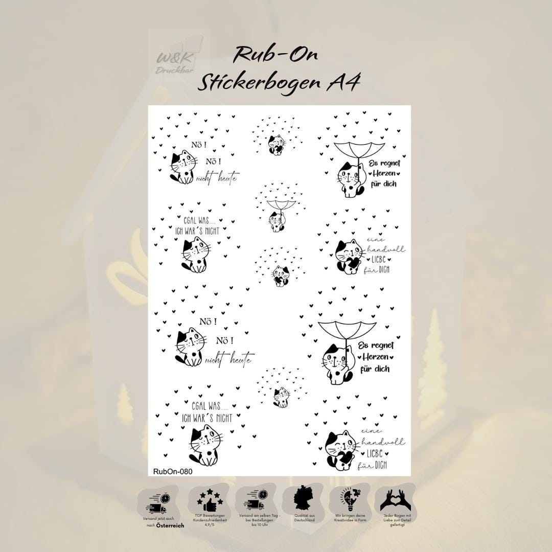 RubOn Sticker / Katze mit Herz / A4 Bogen / Randlos /Abreibebilder / DIY Sticker für z.B. Glas Holz