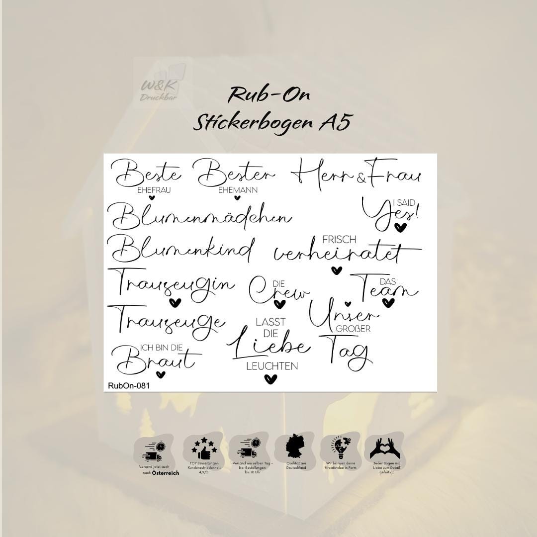 RubOn Sticker / Hochzeit / A5 Bogen / Randlos / Abreibebilder / DIY Sticker für z.B. Glas Holz