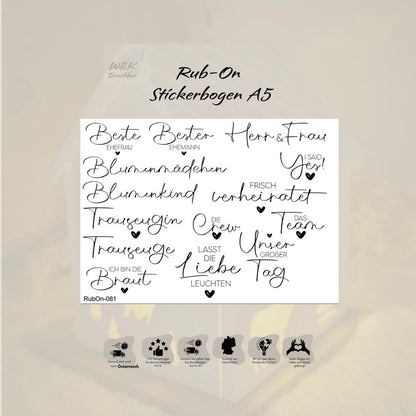 RubOn Sticker / Hochzeit / A5 Bogen / Randlos / Abreibebilder / DIY Sticker für z.B. Glas Holz