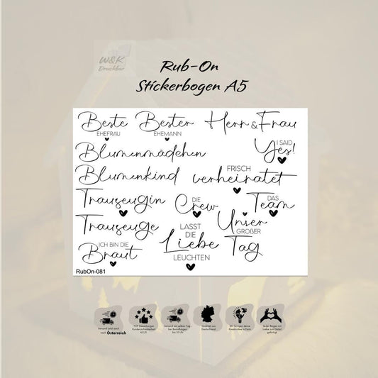 RubOn Sticker / Hochzeit / A5 Bogen / Randlos / Abreibebilder / DIY Sticker für z.B. Glas Holz