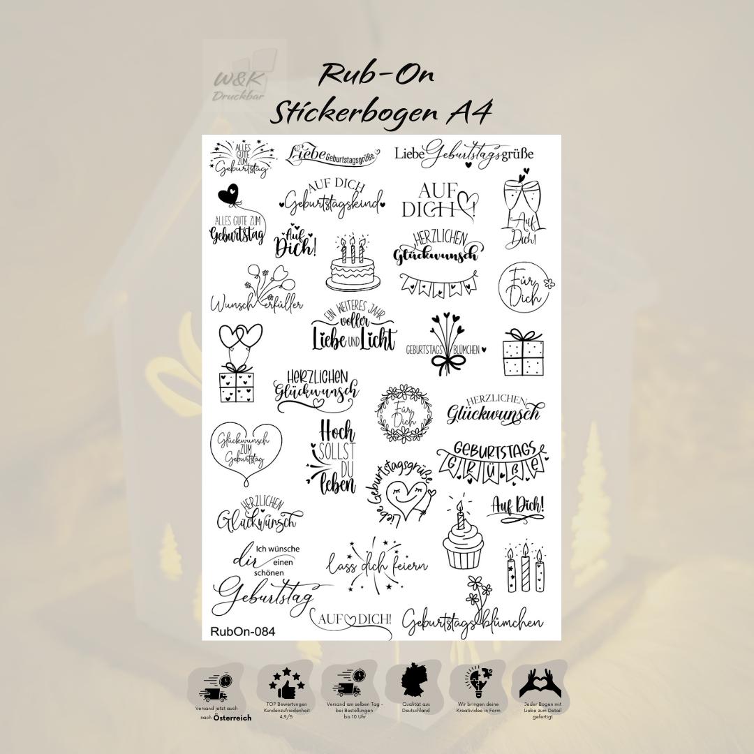 RubOn Sticker / Geburtstag Mix / A4 Bogen / Randlos /Abreibebilder / DIY Sticker für z.B. Glas Holz
