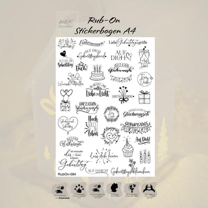 RubOn Sticker / Geburtstag Mix / A4 Bogen / Randlos /Abreibebilder / DIY Sticker für z.B. Glas Holz