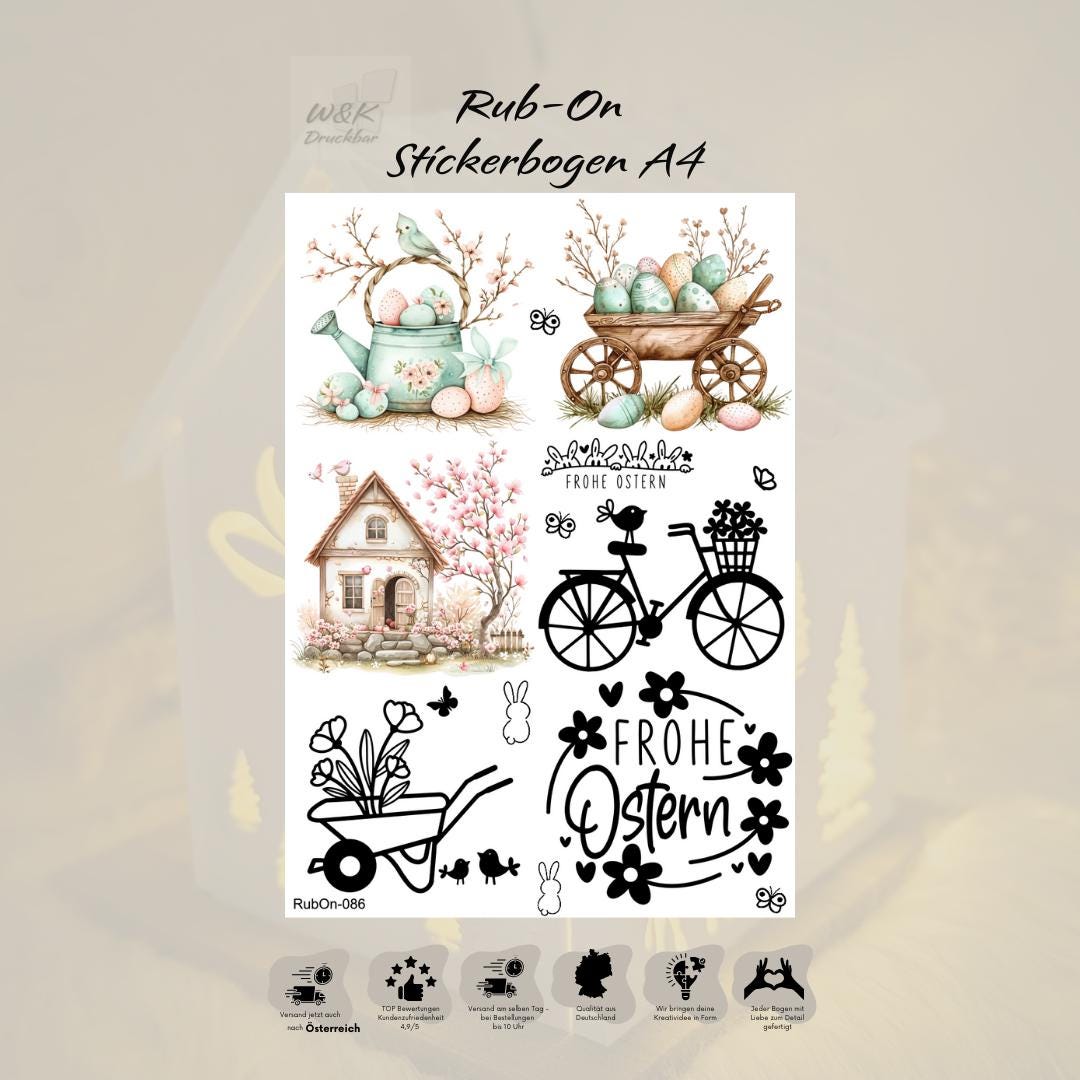 RubOn Sticker / Ostern #9 / A4 Bogen / Randlos /Abreibebilder / DIY Sticker für z.B. Glas Holz
