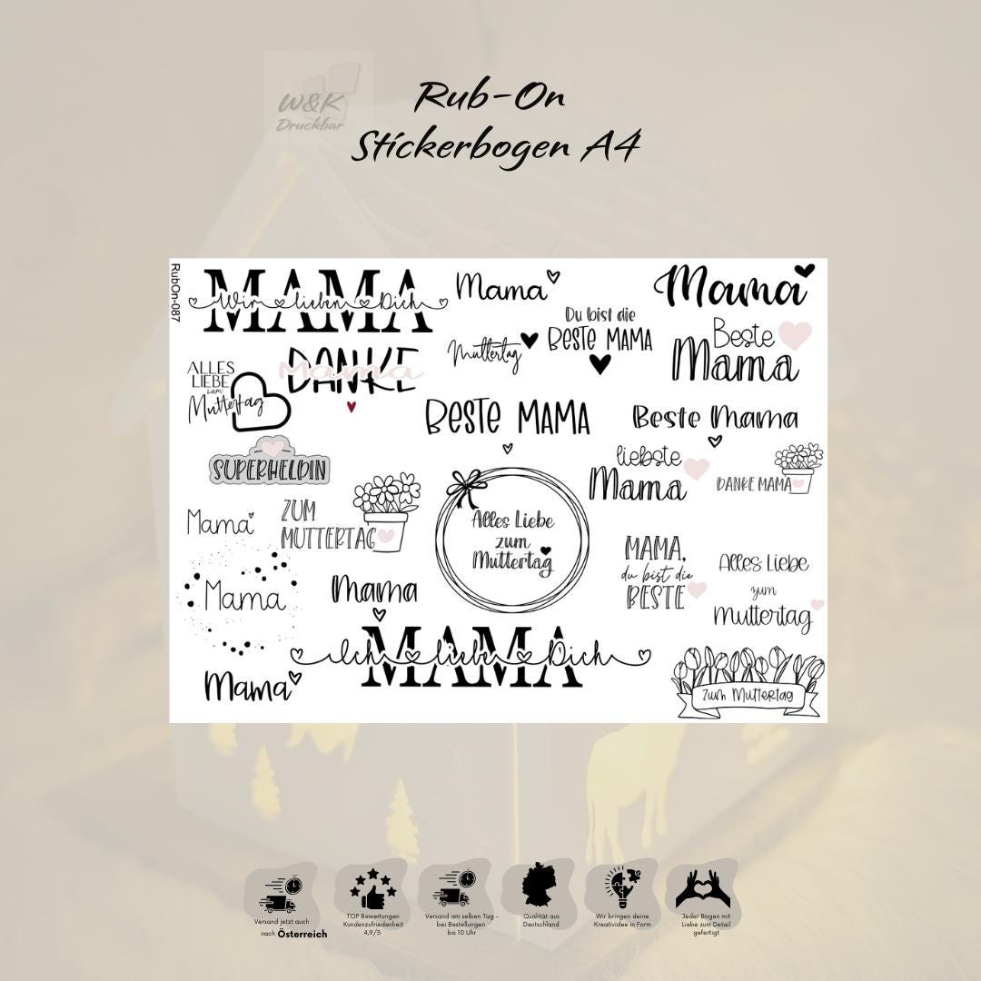 RubOn Sticker / Mama / Beste Mama / A4 Bogen / Randlos /Abreibebilder / DIY Sticker für z.B. Glas Holz
