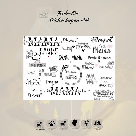 RubOn Sticker / Mama / Beste Mama / A4 Bogen / Randlos /Abreibebilder / DIY Sticker für z.B. Glas Holz