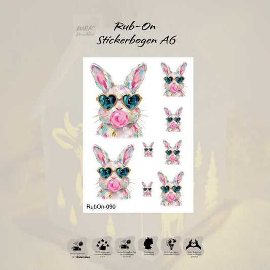 RubOn Sticker / Kaugummihase / A6 Bogen / Randlos /Abreibebilder / DIY Sticker für z.B. Glas Holz