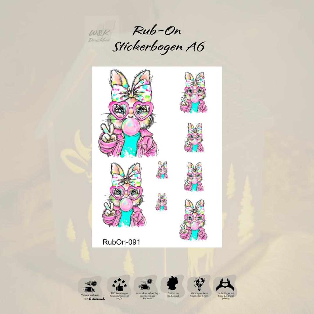 RubOn Sticker / Kaugummihase #2 / A6 Bogen / Randlos /Abreibebilder / DIY Sticker für z.B. Glas Holz