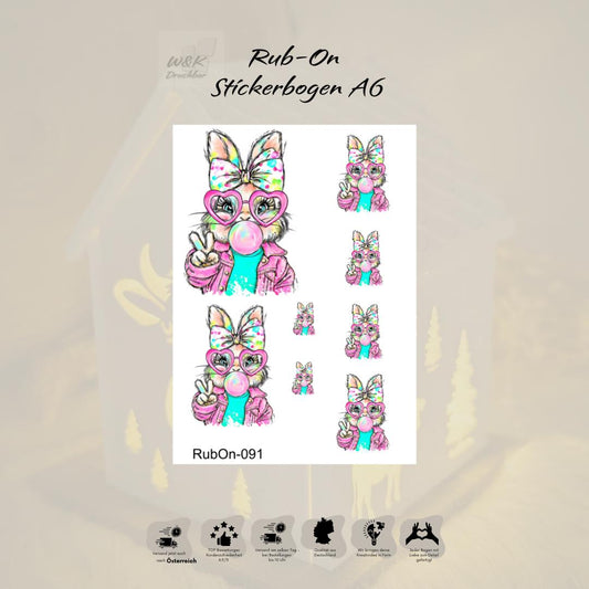 RubOn Sticker / Kaugummihase #2 / A6 Bogen / Randlos /Abreibebilder / DIY Sticker für z.B. Glas Holz