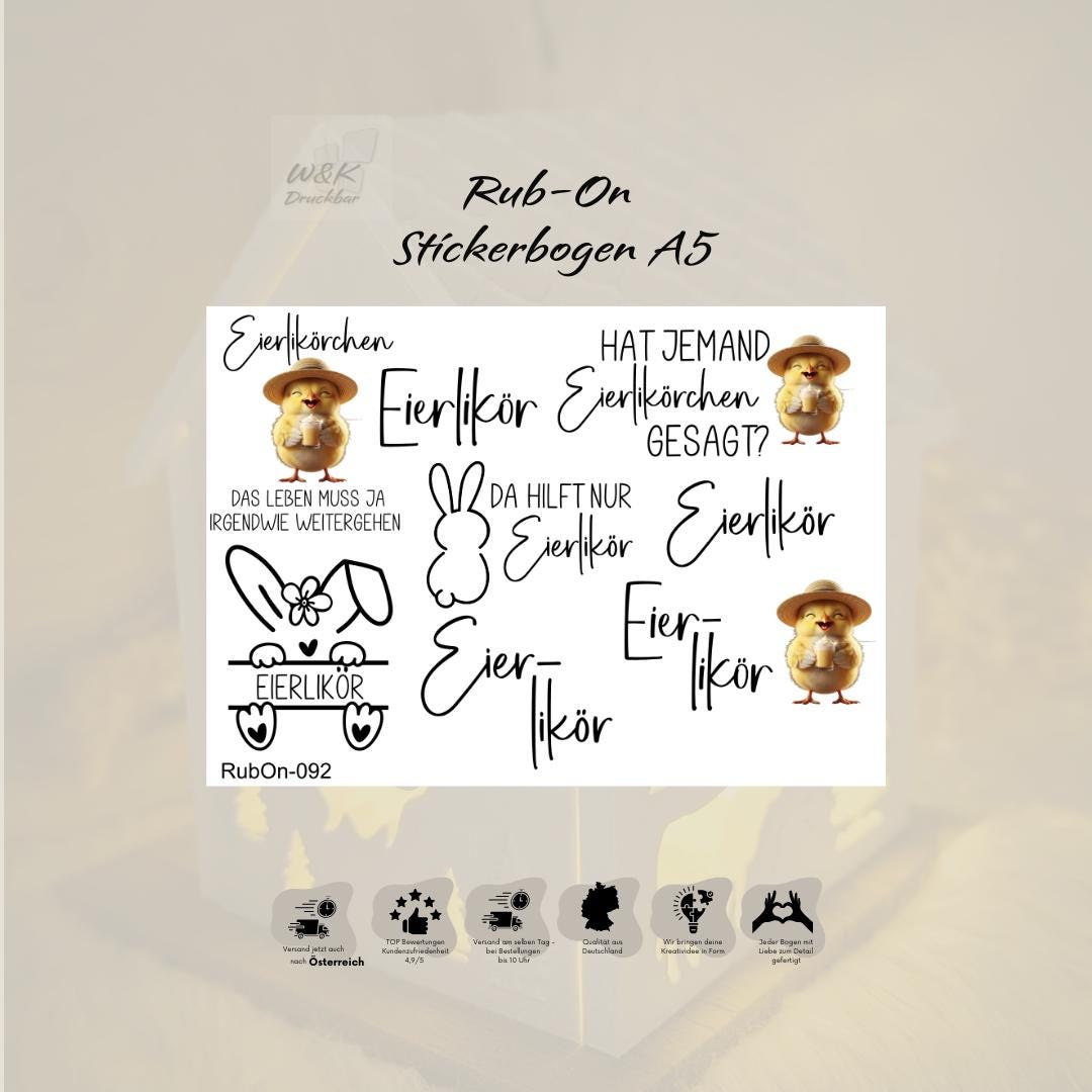 RubOn Sticker / Eierlikör / A5 Bogen / Randlos / Abreibebilder / DIY Sticker für z.B. Glas Holz