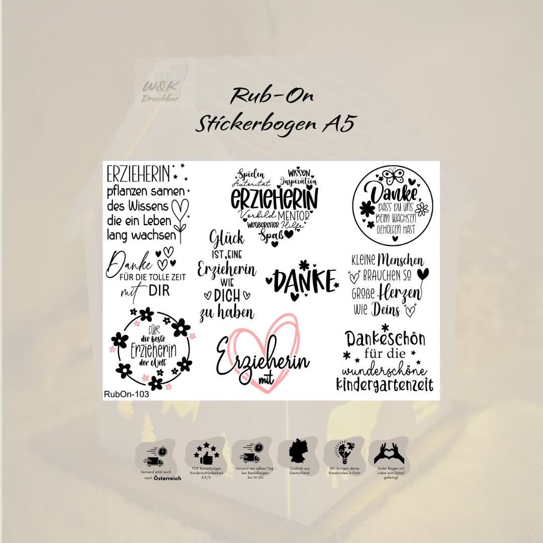 RubOn Sticker / Erzieherin / A5 Bogen / Randlos / Abreibebilder / Einhorn / DIY Sticker für z.B. Glas Holz
