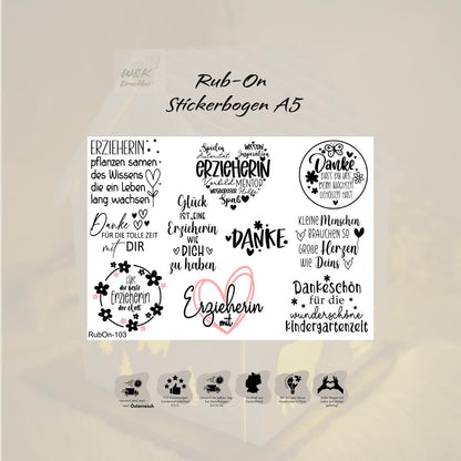 RubOn Sticker / Erzieherin / A5 Bogen / Randlos / Abreibebilder / Einhorn / DIY Sticker für z.B. Glas Holz