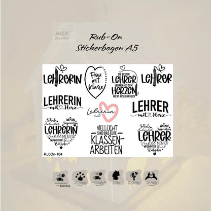 RubOn Sticker / Lehrer/In / A5 Bogen / Randlos / Abreibebilder / Einhorn / DIY Sticker für z.B. Glas Holz