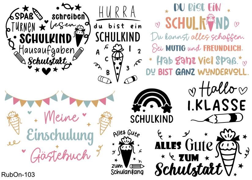 RubOn Sticker / Schulkind/ A5 Bogen / Randlos / Abreibebilder / Einhorn / DIY Sticker für z.B. Glas Holz