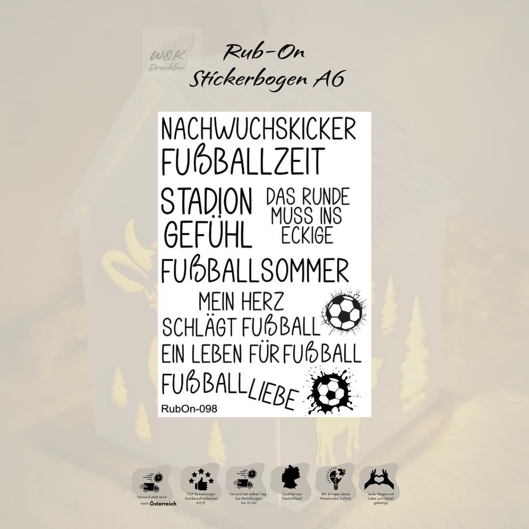 RubOn Sticker / Fußball / A6 Bogen / Randlos /Abreibebilder / DIY Sticker für z.B. Glas Holz