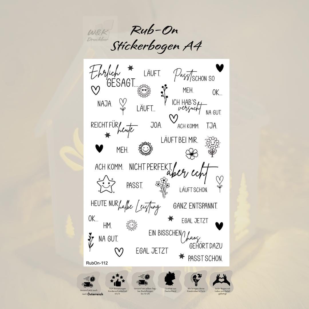 RubOn Sticker / Ehrlich gesagt... / A4 Bogen / Randlos /Abreibebilder / DIY Sticker für z.B. Glas Holz
