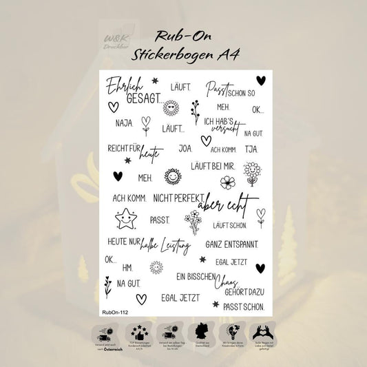 RubOn Sticker / Ehrlich gesagt... / A4 Bogen / Randlos /Abreibebilder / DIY Sticker für z.B. Glas Holz