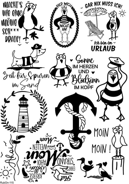 RubOn Sticker / Strandkorb Edition / A4 Bogen / Randlos /Abreibebilder / DIY Sticker für z.B. Glas Holz