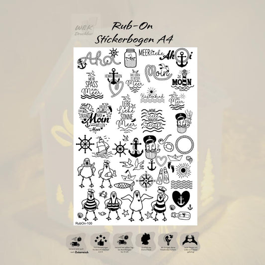 RubOn Sticker / Meerliebe / A4 Bogen / Randlos /Abreibebilder / DIY Sticker für z.B. Glas Holz