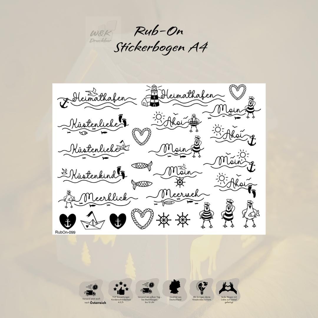 RubOn Sticker / Küstenmomente / A4 Bogen / Randlos /Abreibebilder / DIY Sticker für z.B. Glas Holz