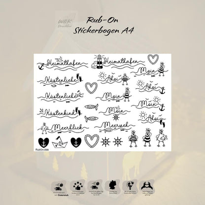 RubOn Sticker / Küstenmomente / A4 Bogen / Randlos /Abreibebilder / DIY Sticker für z.B. Glas Holz