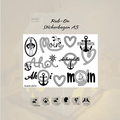 RubOn Sticker / Küstenliebe / A5 Bogen / Randlos / Abreibebilder / DIY Sticker für z.B. Glas Holz