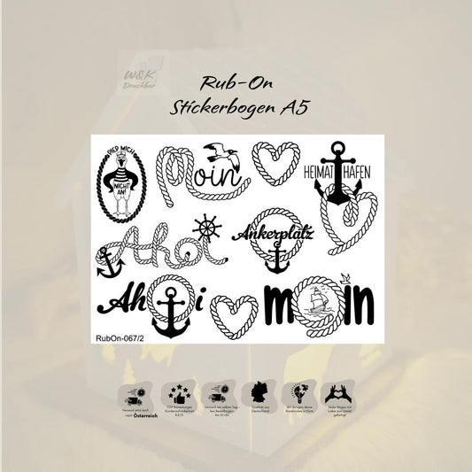 RubOn Sticker / Küstenliebe / A5 Bogen / Randlos / Abreibebilder / DIY Sticker für z.B. Glas Holz