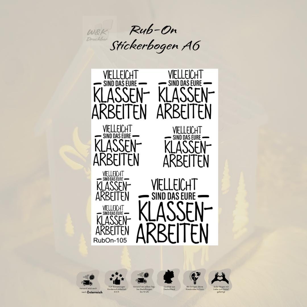 RubOn Sticker / Klassenarbeit / A6 Bogen / Randlos /Abreibebilder / DIY Sticker für z.B. Glas Holz