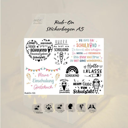 RubOn Sticker / Schulkind/ A5 Bogen / Randlos / Abreibebilder / Einhorn / DIY Sticker für z.B. Glas Holz
