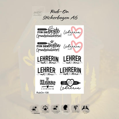 RubOn Sticker / Lehrer/in#2 / A6 Bogen / Randlos /Abreibebilder / DIY Sticker für z.B. Glas Holz