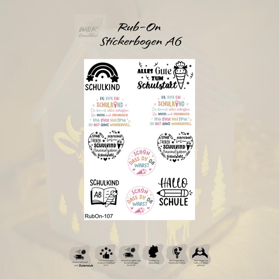 RubOn Sticker / Schulkind#2 / A6 Bogen / Randlos /Abreibebilder / DIY Sticker für z.B. Glas Holz