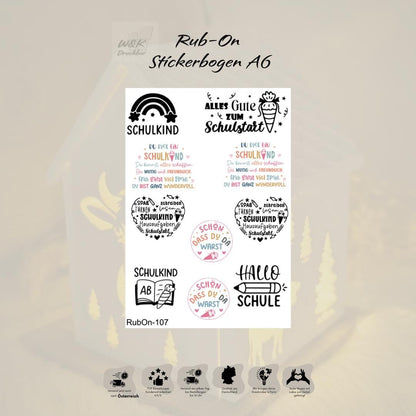 RubOn Sticker / Schulkind#2 / A6 Bogen / Randlos /Abreibebilder / DIY Sticker für z.B. Glas Holz
