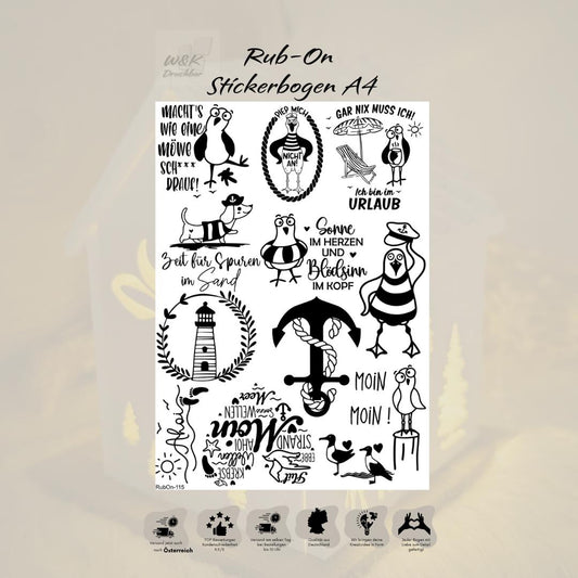 RubOn Sticker / Strandkorb Edition / A4 Bogen / Randlos /Abreibebilder / DIY Sticker für z.B. Glas Holz